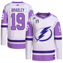 Men's Adidas Tampa Bay Lightning Brian Bradley White/Purple Hockey Fights Cancer Primegreen 2022 Stanley Cup Final Jersey - Authentic