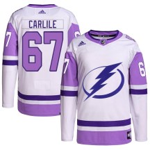 Men's Adidas Tampa Bay Lightning Declan Carlile White/Purple Hockey Fights Cancer Primegreen 2022 Stanley Cup Final Jersey - Authentic