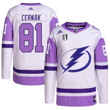 Men's Adidas Tampa Bay Lightning Erik Cernak White/Purple Hockey Fights Cancer Primegreen 2022 Stanley Cup Final Jersey - Authentic