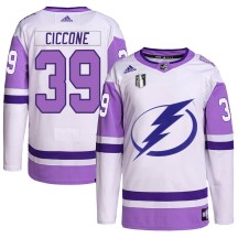 Men's Adidas Tampa Bay Lightning Enrico Ciccone White/Purple Hockey Fights Cancer Primegreen 2022 Stanley Cup Final Jersey - Authentic