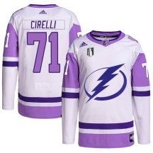Men's Adidas Tampa Bay Lightning Anthony Cirelli White/Purple Hockey Fights Cancer Primegreen 2022 Stanley Cup Final Jersey - Authentic