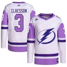 Men's Adidas Tampa Bay Lightning Fredrik Claesson White/Purple Hockey Fights Cancer Primegreen 2022 Stanley Cup Final Jersey - Authentic