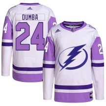 Men's Adidas Tampa Bay Lightning Matt Dumba White/Purple Hockey Fights Cancer Primegreen 2022 Stanley Cup Final Jersey - Authentic