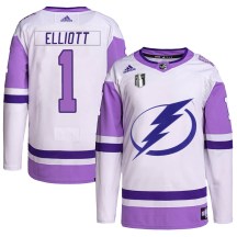 Men's Adidas Tampa Bay Lightning Brian Elliott White/Purple Hockey Fights Cancer Primegreen 2022 Stanley Cup Final Jersey - Authentic