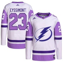 Men's Adidas Tampa Bay Lightning Michael Eyssimont White/Purple Hockey Fights Cancer Primegreen 2022 Stanley Cup Final Jersey - Authentic