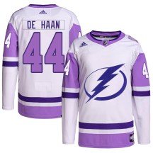 Men's Adidas Tampa Bay Lightning Calvin de Haan White/Purple Hockey Fights Cancer Primegreen 2022 Stanley Cup Final Jersey - Authentic