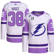 Men's Adidas Tampa Bay Lightning Brandon Hagel White/Purple Hockey Fights Cancer Primegreen 2022 Stanley Cup Final Jersey - Authentic