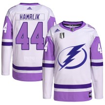 Men's Adidas Tampa Bay Lightning Roman Hamrlik White/Purple Hockey Fights Cancer Primegreen 2022 Stanley Cup Final Jersey - Authentic