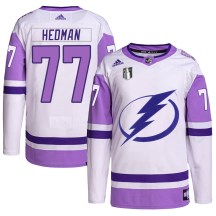 Men's Adidas Tampa Bay Lightning Victor Hedman White/Purple Hockey Fights Cancer Primegreen 2022 Stanley Cup Final Jersey - Authentic