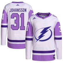 Men's Adidas Tampa Bay Lightning Jonas Johansson White/Purple Hockey Fights Cancer Primegreen 2022 Stanley Cup Final Jersey - Authentic
