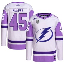 Men's Adidas Tampa Bay Lightning Cole Koepke White/Purple Hockey Fights Cancer Primegreen 2022 Stanley Cup Final Jersey - Authentic