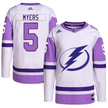 Men's Adidas Tampa Bay Lightning Philippe Myers White/Purple Hockey Fights Cancer Primegreen 2022 Stanley Cup Final Jersey - Authentic