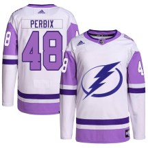 Men's Adidas Tampa Bay Lightning Nick Perbix White/Purple Hockey Fights Cancer Primegreen 2022 Stanley Cup Final Jersey - Authentic