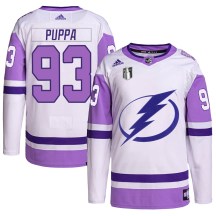 Men's Adidas Tampa Bay Lightning Daren Puppa White/Purple Hockey Fights Cancer Primegreen 2022 Stanley Cup Final Jersey - Authentic