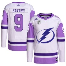 Men's Adidas Tampa Bay Lightning Denis Savard White/Purple Hockey Fights Cancer Primegreen 2022 Stanley Cup Final Jersey - Authentic