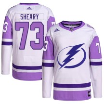 Men's Adidas Tampa Bay Lightning Conor Sheary White/Purple Hockey Fights Cancer Primegreen 2022 Stanley Cup Final Jersey - Authentic