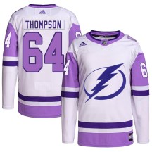 Men's Adidas Tampa Bay Lightning Jack Thompson White/Purple Hockey Fights Cancer Primegreen 2022 Stanley Cup Final Jersey - Authentic