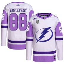 Men's Adidas Tampa Bay Lightning Andrei Vasilevskiy White/Purple Hockey Fights Cancer Primegreen 2022 Stanley Cup Final Jersey - Authentic