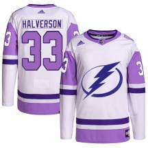 Youth Adidas Tampa Bay Lightning Brandon Halverson White/Purple Hockey Fights Cancer Primegreen Jersey - Authentic