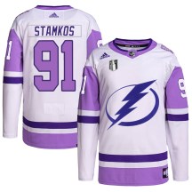 Youth Adidas Tampa Bay Lightning Steven Stamkos White/Purple Hockey Fights Cancer Primegreen 2022 Stanley Cup Final Jersey - Authentic