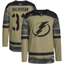 Youth Adidas Tampa Bay Lightning Brandon Halverson Camo Military Appreciation Practice Jersey - Authentic