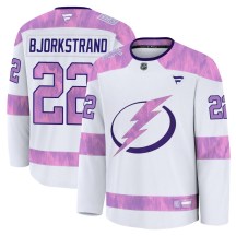Men's Fanatics Tampa Bay Lightning Oliver Bjorkstrand White 2024 Hockey Fights Cancer Practice Jersey - Premium