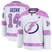 Men's Fanatics Tampa Bay Lightning Conor Geekie White 2024 Hockey Fights Cancer Practice Jersey - Premium