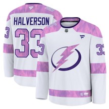 Men's Fanatics Tampa Bay Lightning Brandon Halverson White 2024 Hockey Fights Cancer Practice Jersey - Premium