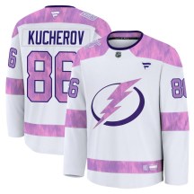 Men's Fanatics Tampa Bay Lightning Nikita Kucherov White 2024 Hockey Fights Cancer Practice Jersey - Premium