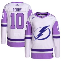 Men's Adidas Tampa Bay Lightning Corey Perry White/Purple Hockey Fights Cancer Primegreen Jersey - Authentic