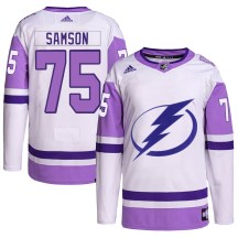 Men's Adidas Tampa Bay Lightning Ethan Samson White/Purple Hockey Fights Cancer Primegreen Jersey - Authentic